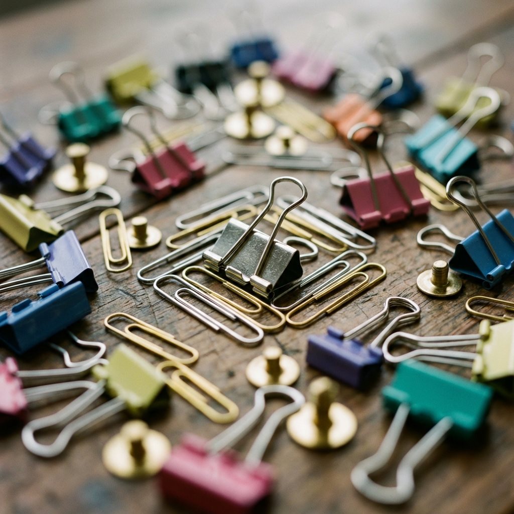 Macro shot of colorful binder clips and fasteners