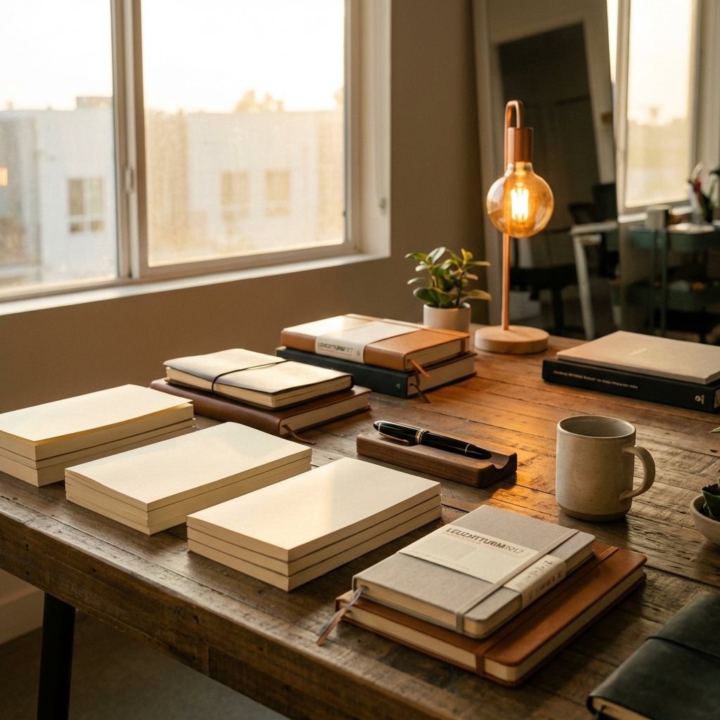 Premium modern desk setup with notebooks and stationery